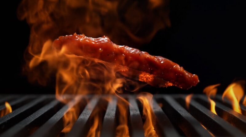 meat flying on grill